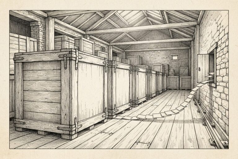 Monochrome pen-and-ink engraving of a warehouse interior with a row of large blank storage crates standing in place while a stream of small blank folded paper slips flows through a narrow wall hatch - enterprise data never moves, only permissioned context travels.