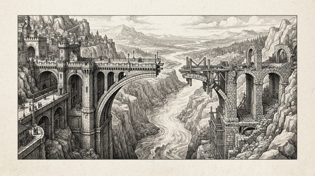 A massive stone bridge in monochrome ink engraving - the left side fully built with intricate arches and stonework, the right side barely started with raw foundations and skeletal framework. The gap between completed and incomplete infrastructure rendered as a dramatic asymmetry.