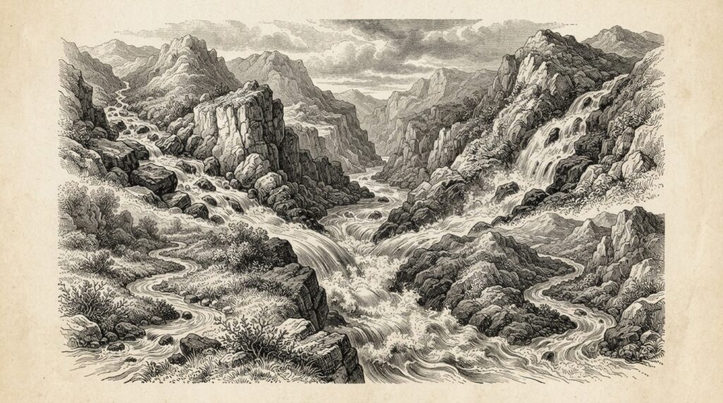 Pen-and-ink engraving of four streams of water flowing from different directions through a rocky landscape, converging into one powerful river in the center - representing four distinct settlement rails merging into unified institutional infrastructure
