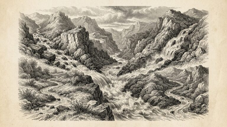 Pen-and-ink engraving of four streams of water flowing from different directions through a rocky landscape, converging into one powerful river in the center - representing four distinct settlement rails merging into unified institutional infrastructure