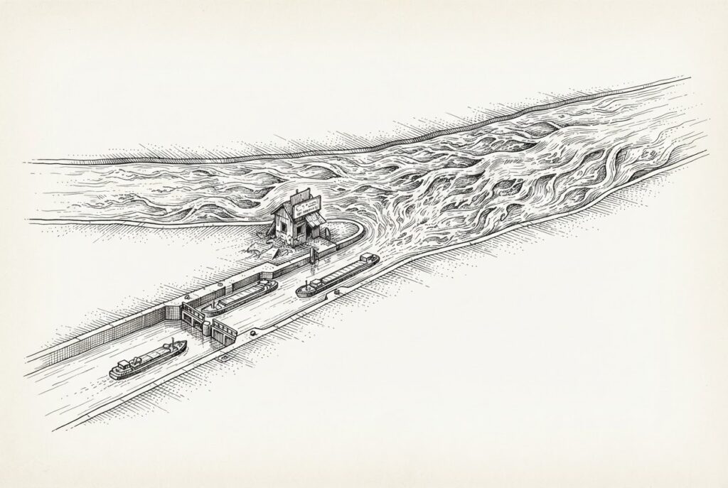 Monochrome pen-and-ink engraving of an abstract waterway splitting into two channels — the left wide and turbulent with many tiny vessels, the right narrow and calm with just a few boats moving slowly through closed gates. At the fork point, a broken archway crumbles into the water.