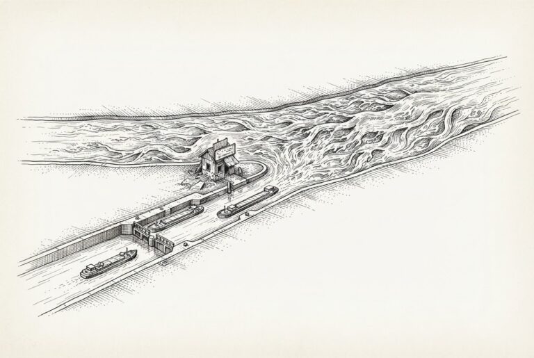 Monochrome pen-and-ink engraving of an abstract waterway splitting into two channels — the left wide and turbulent with many tiny vessels, the right narrow and calm with just a few boats moving slowly through closed gates. At the fork point, a broken archway crumbles into the water.