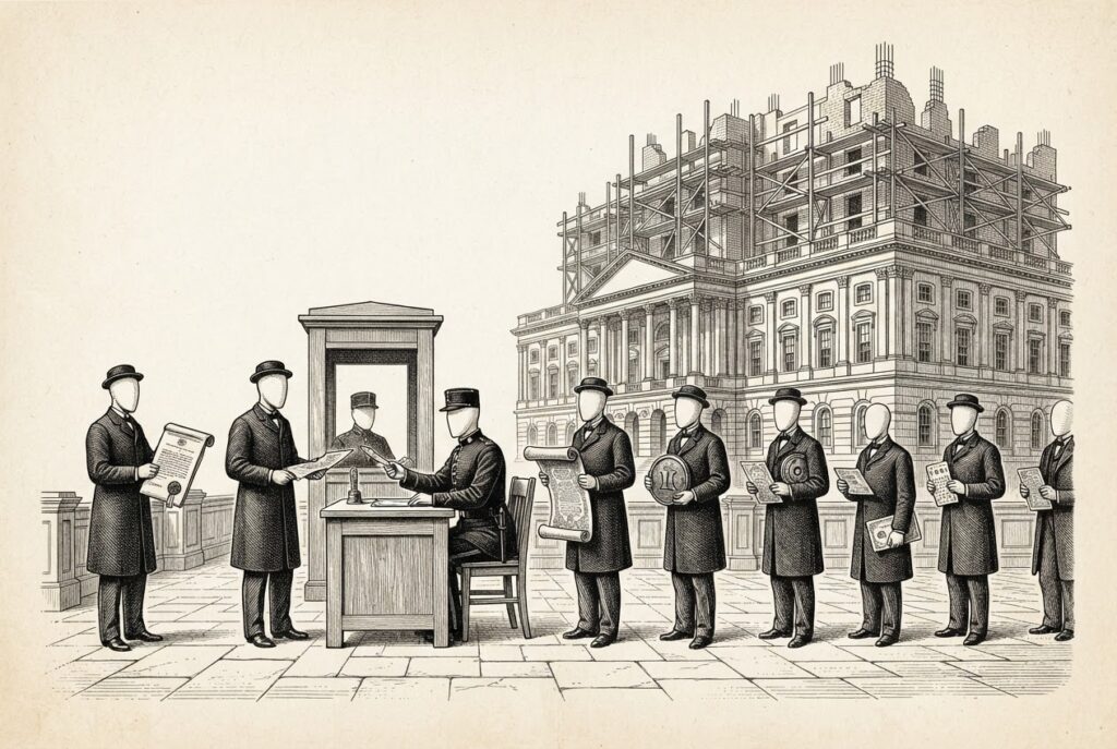 A monochrome pen-and-ink engraving of a customs checkpoint where faceless agents in formal attire present different credentials to a uniformed official at a desk, while behind them a large neoclassical government building remains under construction with visible scaffolding — the market building identity infrastructure before legislation requires it.