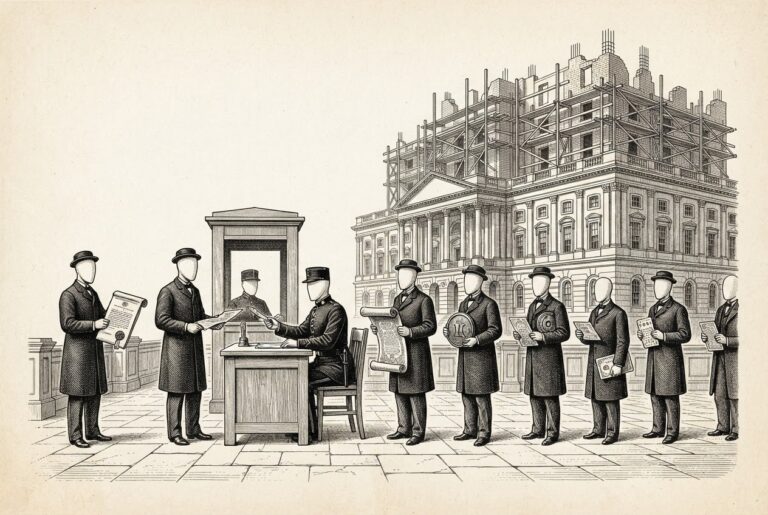 A monochrome pen-and-ink engraving of a customs checkpoint where faceless agents in formal attire present different credentials to a uniformed official at a desk, while behind them a large neoclassical government building remains under construction with visible scaffolding — the market building identity infrastructure before legislation requires it.