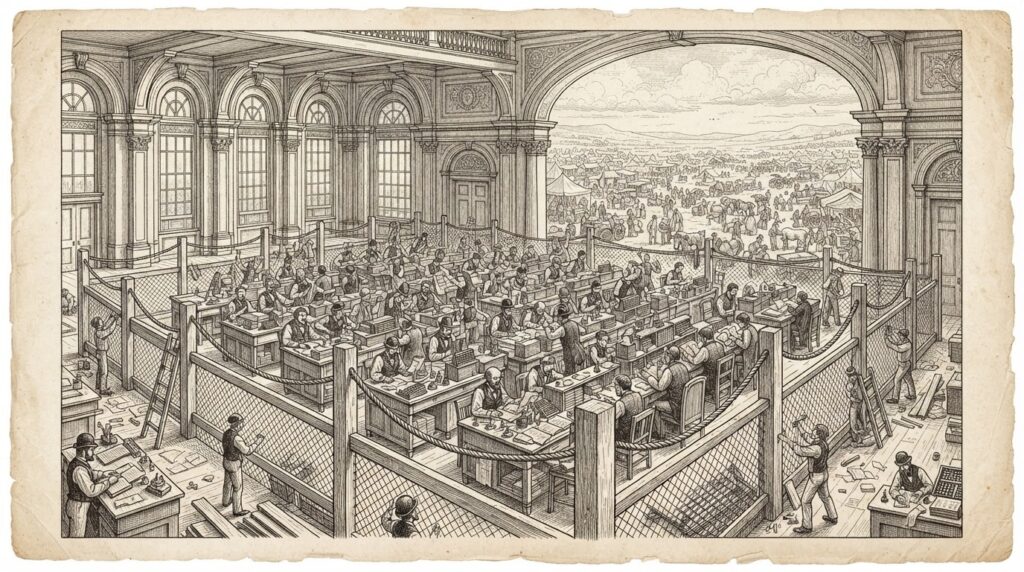 Pen-and-ink engraving of a regulatory fence being constructed around a derivatives trading floor with orderly trading desks, while a vast open plain of spot trading activity remains completely unfenced in the background - infrastructure built but the largest territory left open