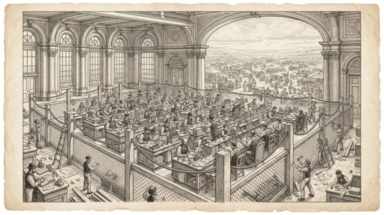 Pen-and-ink engraving of a regulatory fence being constructed around a derivatives trading floor with orderly trading desks, while a vast open plain of spot trading activity remains completely unfenced in the background - infrastructure built but the largest territory left open