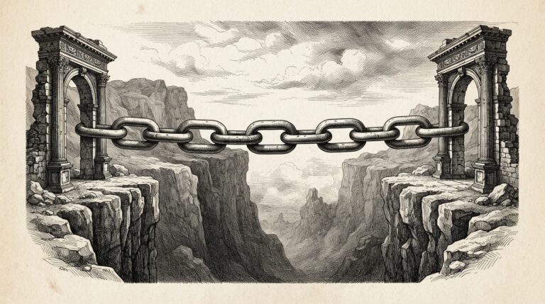 Monochrome pen-and-ink engraving of a heavy ornate chain of seven links stretching taut across a deep chasm between two distant floating classical stone archways. The chain connects the archways across empty space, symbolizing the verifiable trust architecture bridging independent agent systems.