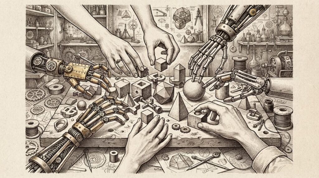 Multiple hands - some human with fingers and joints, some mechanical with gears and articulated segments - arranging geometric objects on a shared worktable, representing the collaborative agent workplace