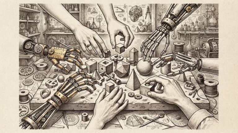 Multiple hands - some human with fingers and joints, some mechanical with gears and articulated segments - arranging geometric objects on a shared worktable, representing the collaborative agent workplace