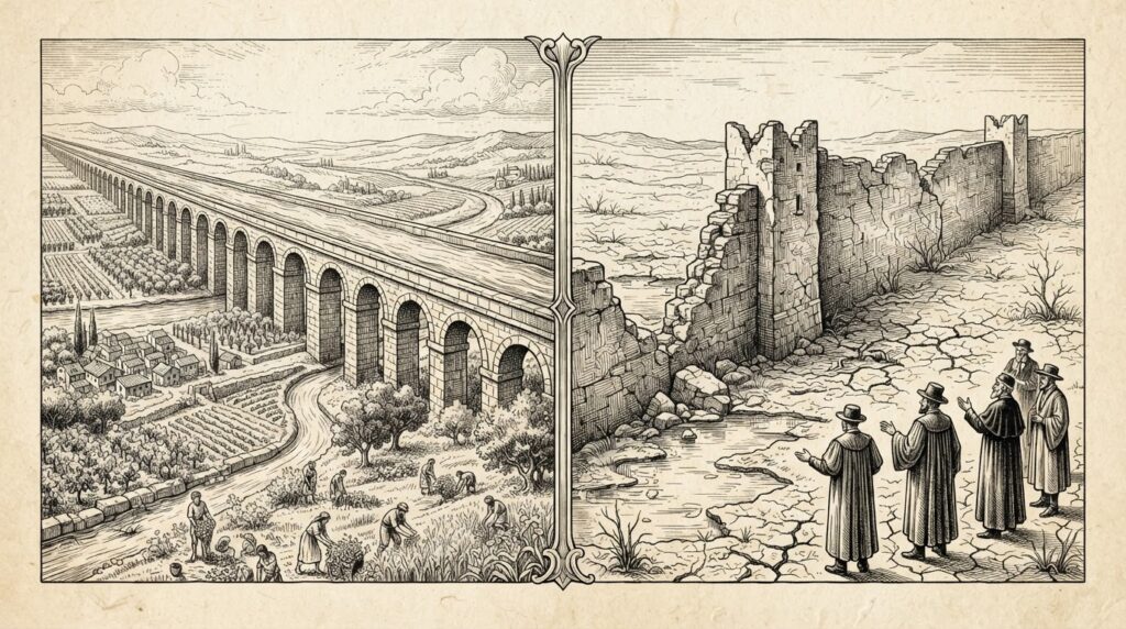 An allegorical engraving of two contrasting scenes: a massive aqueduct channeling flowing water toward a fertile landscape on one side, while officials stand before a crumbling wall with dry cracked earth on the other - state-directed AI agent deployment versus reactive containment approaches