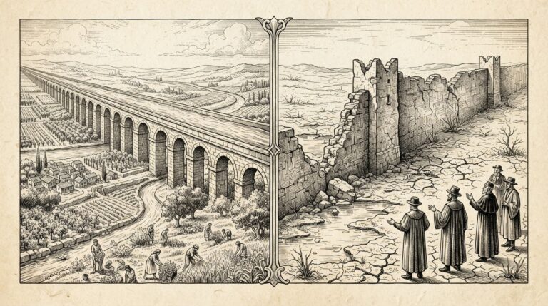 An allegorical engraving of two contrasting scenes: a massive aqueduct channeling flowing water toward a fertile landscape on one side, while officials stand before a crumbling wall with dry cracked earth on the other - state-directed AI agent deployment versus reactive containment approaches