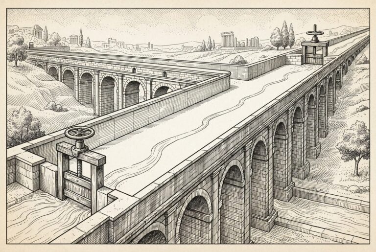 A wide ancient aqueduct channel with gate valves at both ends restricting a thin trickle of water - a metaphor for the bidirectional squeeze on the global agent infrastructure stack from U.S. hardware restrictions and China's new outbound export controls.