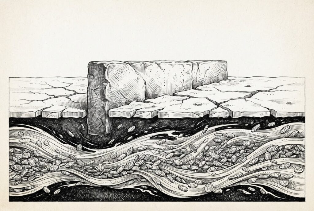 Pen-and-ink engraving of an underground river of flowing coins rushing through a dark subterranean channel beneath a thick frozen surface, with a massive imposing wall standing powerless against the current below