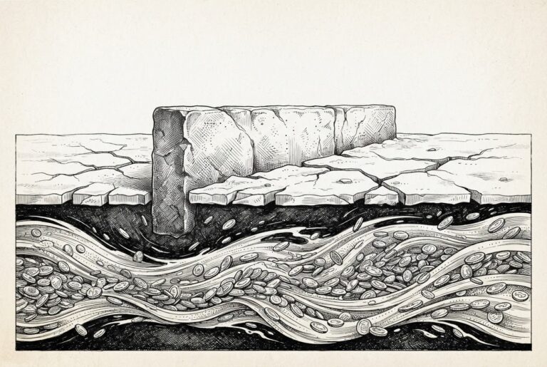 Pen-and-ink engraving of an underground river of flowing coins rushing through a dark subterranean channel beneath a thick frozen surface, with a massive imposing wall standing powerless against the current below