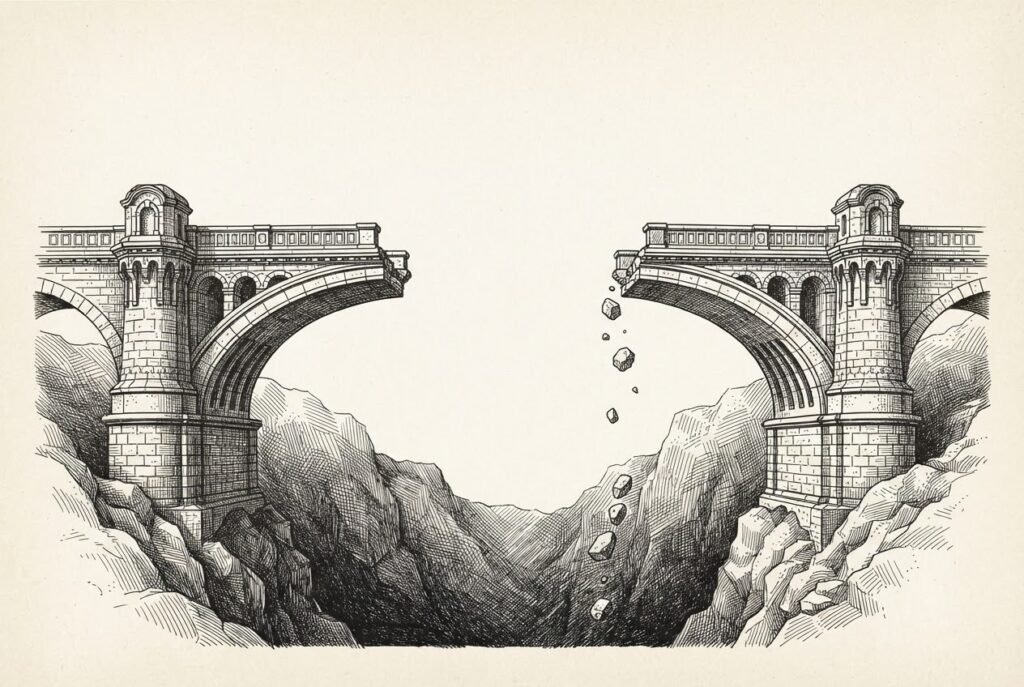 Pen-and-ink engraving of an ornate stone bridge being built from both sides of a chasm, with the middle section missing - infrastructure converging but the trust layer absent
