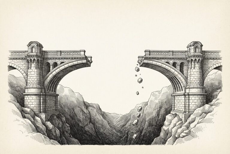 Pen-and-ink engraving of an ornate stone bridge being built from both sides of a chasm, with the middle section missing - infrastructure converging but the trust layer absent