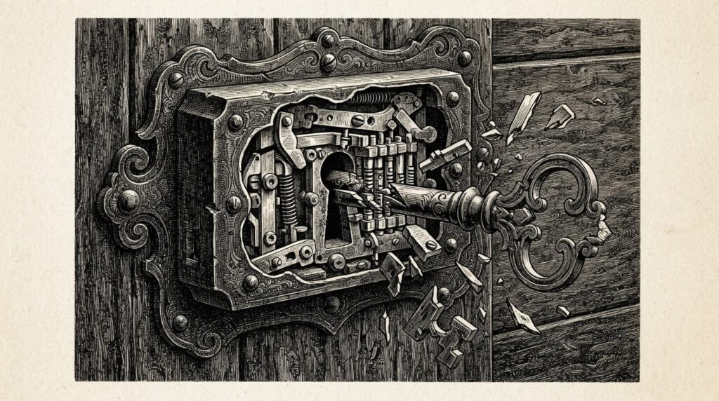 A massive ornate key shattered inside an iron lock mechanism, fragments scattering outward - the security infrastructure compromised at its core. Monochrome pen-and-ink engraving.
