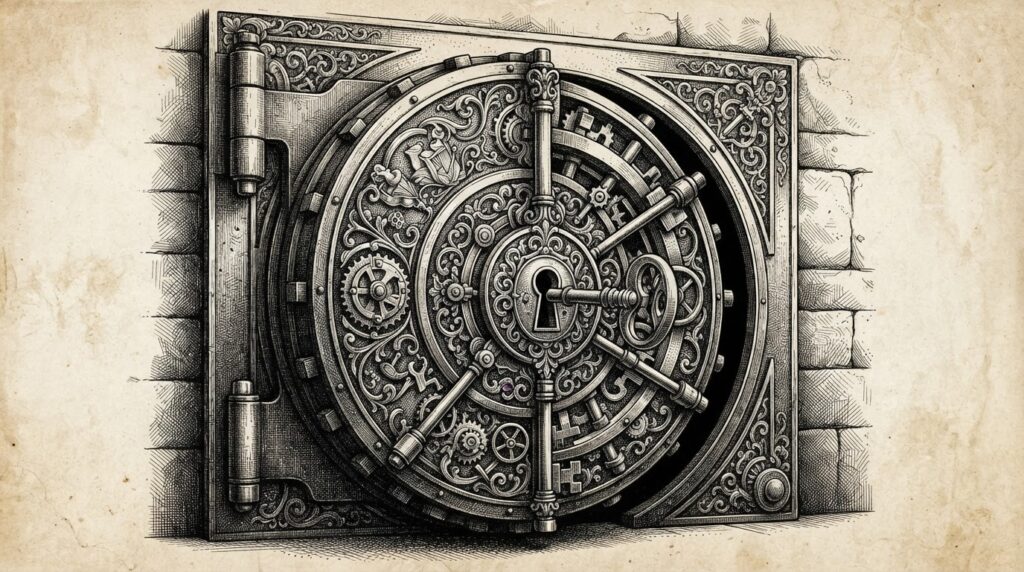 A massive ornate vault door slightly ajar with a heavy brass key left in the keyhole - the locking mechanism present but never engaged, the data center backbone exposed through default trust