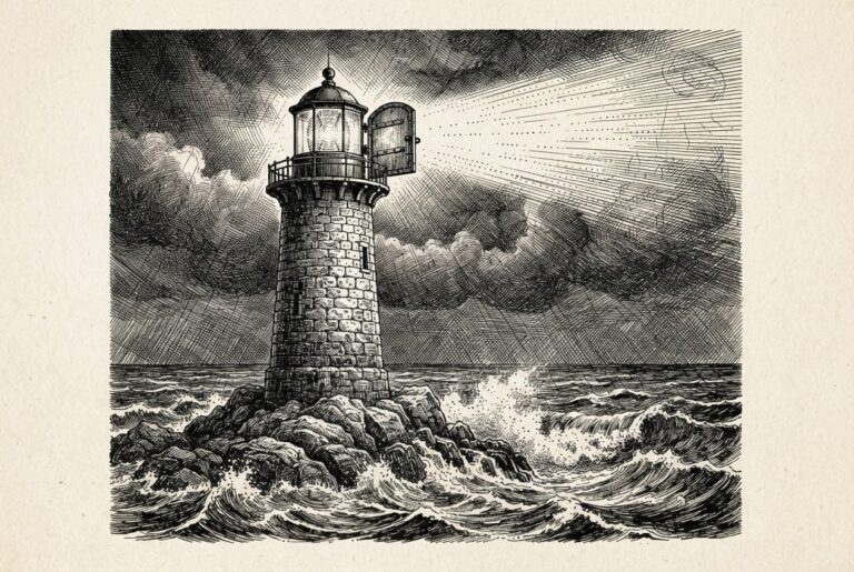 A stone lighthouse on a bare rock, its seaward lamp-room door hanging wide open while the beam sweeps over dark water: the monitoring feature doing its job while the tower stands exposed.