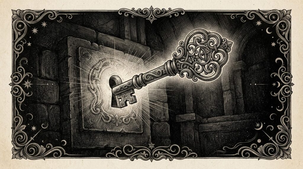 A large ornate key hovering in mid-air, turning slowly by itself with no hand holding it, while the keyhole it belongs to glows faintly in the darkness below - the act of opening happening without an operator.
