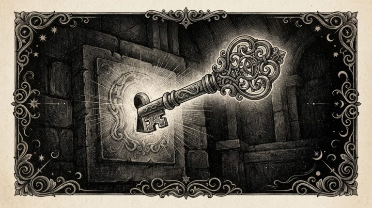 A large ornate key hovering in mid-air, turning slowly by itself with no hand holding it, while the keyhole it belongs to glows faintly in the darkness below - the act of opening happening without an operator.