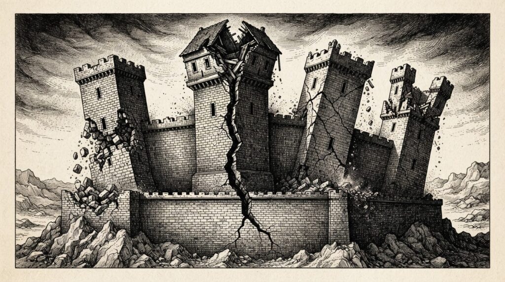 A fortified stone castle with four distinct towers crumbling simultaneously from a structural crack running through the shared foundation - allegorical engraving of architectural security debt in Cisco NX-OS