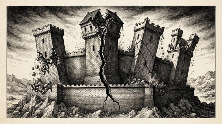 A fortified stone castle with four distinct towers crumbling simultaneously from a structural crack running through the shared foundation - allegorical engraving of architectural security debt in Cisco NX-OS
