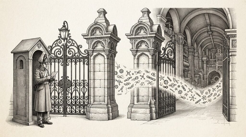 Two ornate stone guard posts side by side, with identical gates. The left gate has a uniformed sentry checking documents. The right gate stands wide open and unguarded. Through the open gate, a flowing stream of small stylized icons pours unchecked into a vast vaulted interior.
