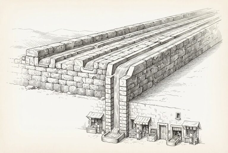 Pen-and-ink engraving of a cross-section showing a vast stone aqueduct system with three established water channels and a fourth newly carved channel connecting to merchant outlets below