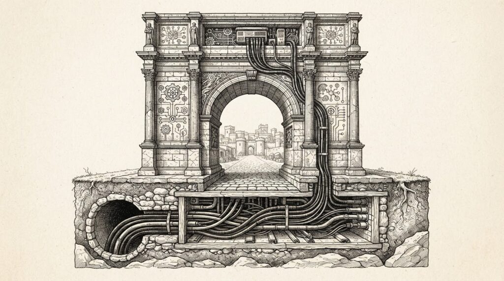 A classical stone gateway arch with hidden tunnel passages running beneath it in cross-section view - the security appliance as concealed C2 infrastructure