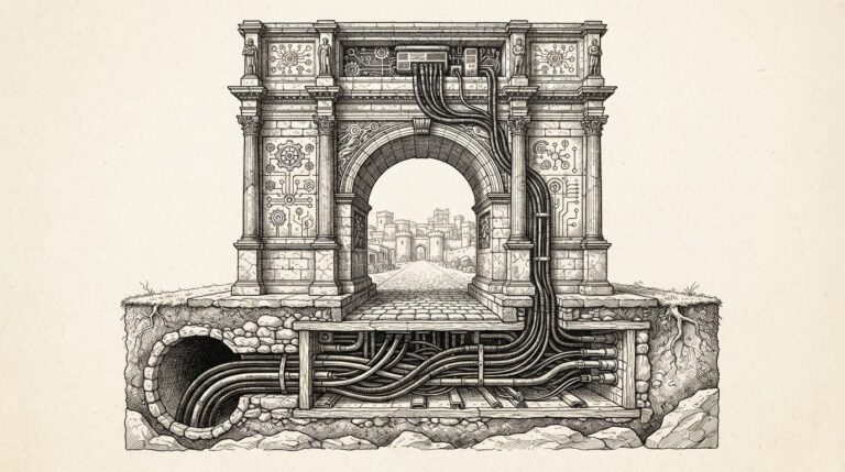 A classical stone gateway arch with hidden tunnel passages running beneath it in cross-section view - the security appliance as concealed C2 infrastructure