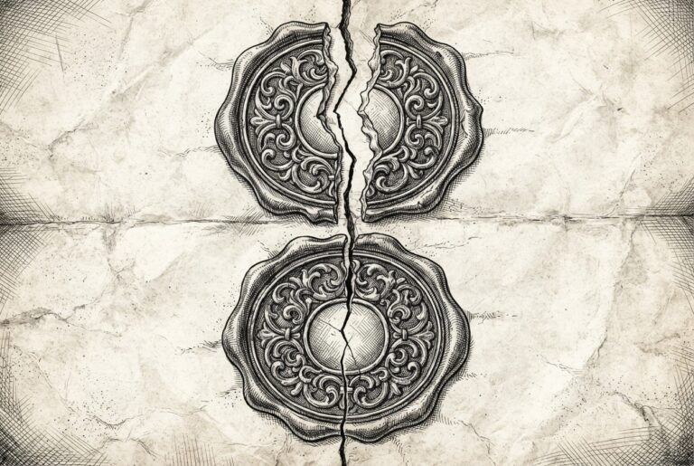 Monochrome pen-and-ink engraving of two stacked wax seals on parchment with the upper seal cracking along the same fault line as the lower: the same vulnerability surface failing twice in escalating severity.