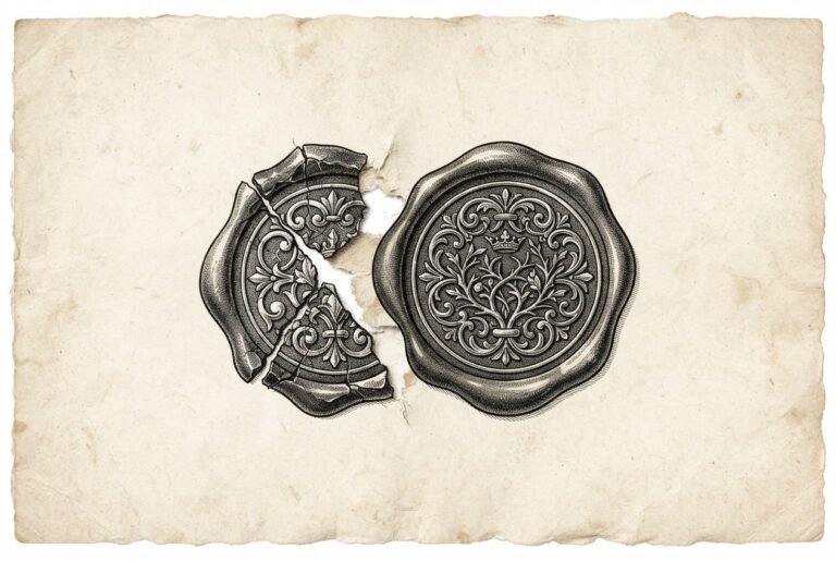 Engraved illustration of two overlapping wax seals on parchment: the first impression is broken and incomplete with a visible gap, and a second, complete seal pressed over it closes the gap.