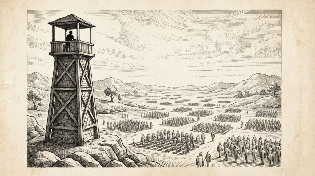 A solitary watchtower with a single seated silhouette overlooking a vast plain where faceless autonomous figures work in organized groups below - monochrome pen-and-ink engraving for real-time agent oversight