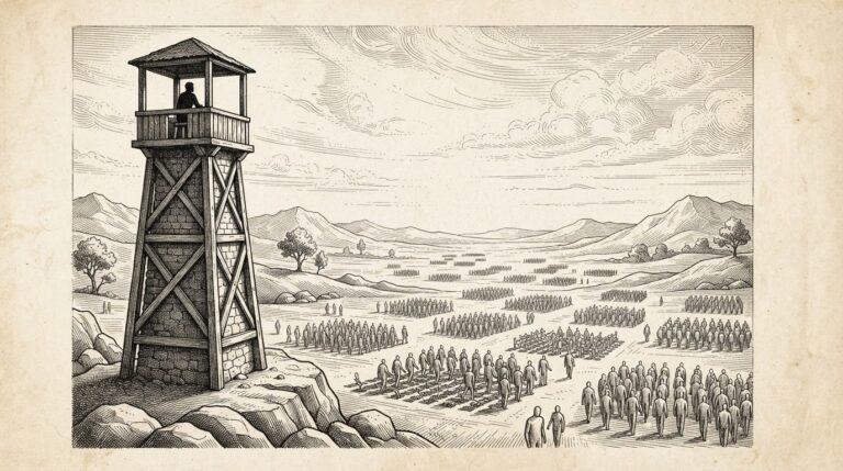 A solitary watchtower with a single seated silhouette overlooking a vast plain where faceless autonomous figures work in organized groups below - monochrome pen-and-ink engraving for real-time agent oversight