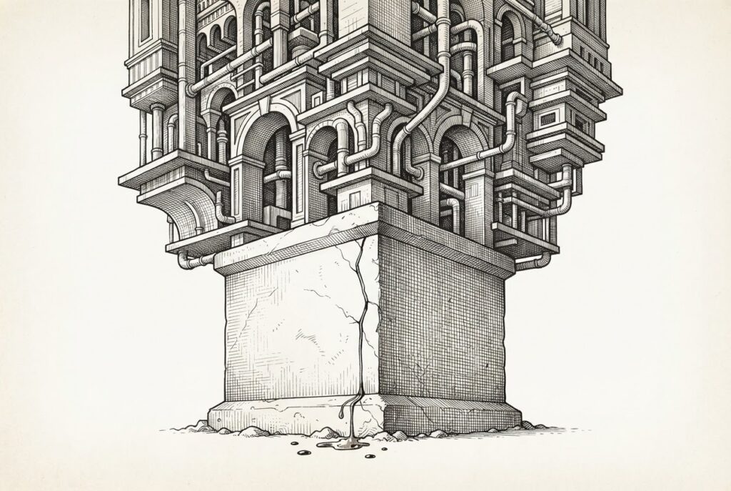 A single massive engraved cornerstone supporting an intricate edifice of arches and conduits with a prominent vertical hairline fracture and thin streams of water seeping through