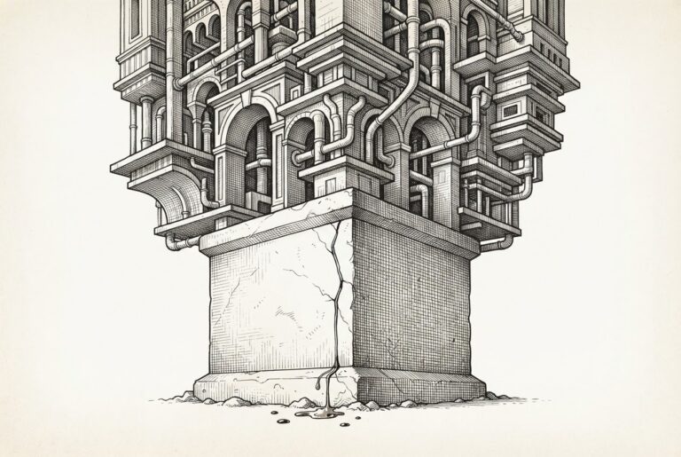 A single massive engraved cornerstone supporting an intricate edifice of arches and conduits with a prominent vertical hairline fracture and thin streams of water seeping through