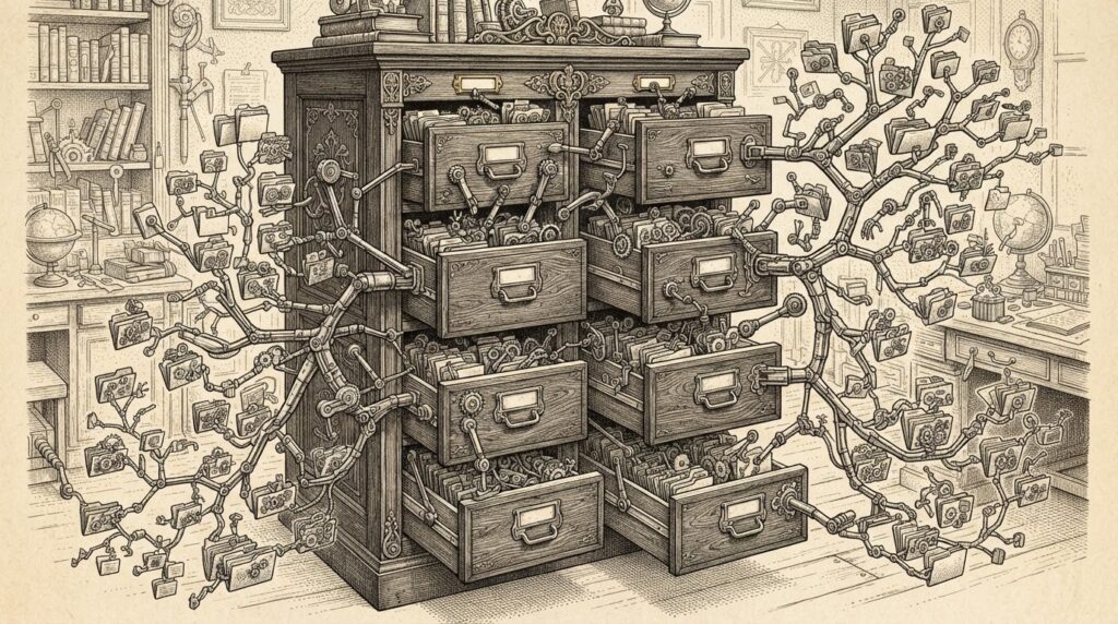 An intricate Victorian filing cabinet with open drawers revealing branching trees of folders assembling themselves, with small mechanical arms organizing files - version control as autonomous agent infrastructure.