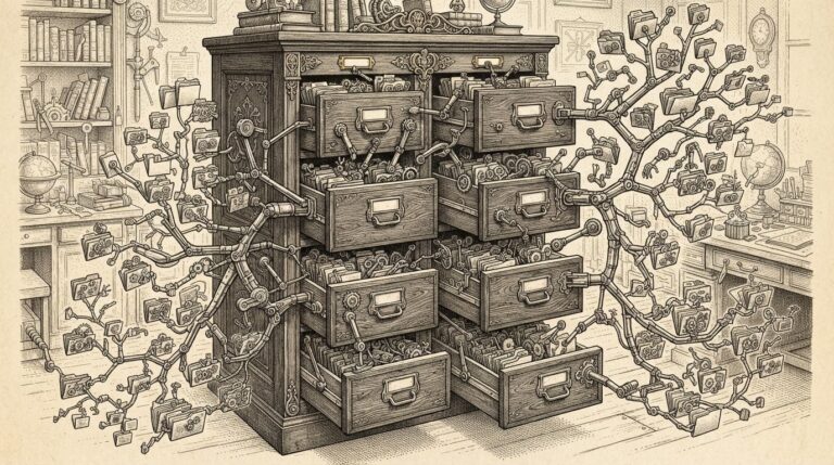 An intricate Victorian filing cabinet with open drawers revealing branching trees of folders assembling themselves, with small mechanical arms organizing files - version control as autonomous agent infrastructure.