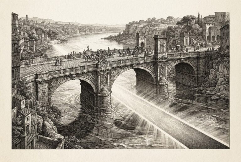 A traditional card processing network rendered as a stone bridge spanning a river, with a new glowing stablecoin conduit running beneath it, connecting merchants on one side to crypto custody and settlement on the other - the processor layer bridging legacy payment infrastructure with blockchain settlement.