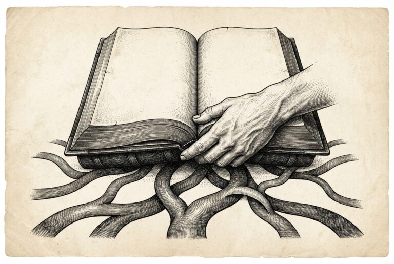 Engraving of a human hand holding open a heavy folio with blank pages while branching curved paths below bend and curve under the folio's weight, suggesting the tension between autonomous agent action and imposed human oversight under Colorado's ADMT framework.