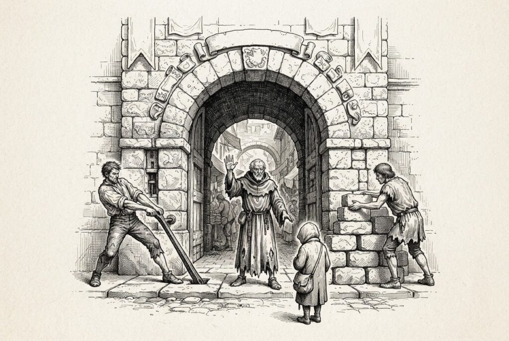 A stone city gate where one robed gatekeeper gestures toward a small cloaked traveler while two laborers work a heavy lever and stack stone blocks into a wall across the passage, with townspeople visible beyond: the gate contested by competing keepers.
