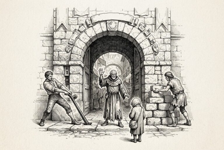 A stone city gate where one robed gatekeeper gestures toward a small cloaked traveler while two laborers work a heavy lever and stack stone blocks into a wall across the passage, with townspeople visible beyond: the gate contested by competing keepers.