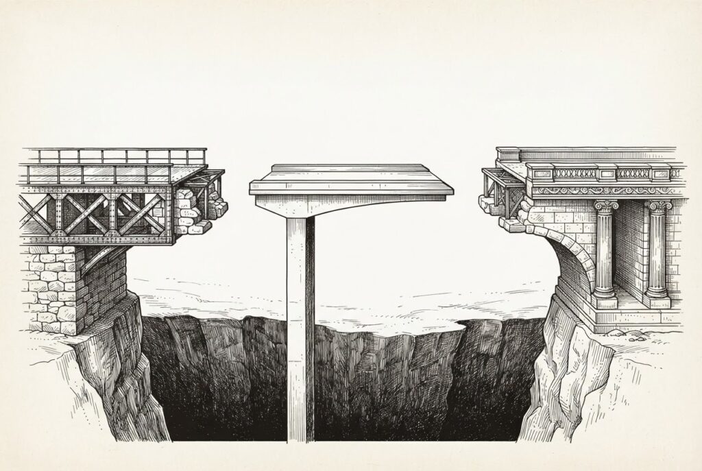 A pen-and-ink engraving of three incomplete bridges stretching toward each other across a deep chasm, each structurally distinct - industrial, modern, and classical - representing different infrastructure approaches, with visible gaps between them where no connection exists.