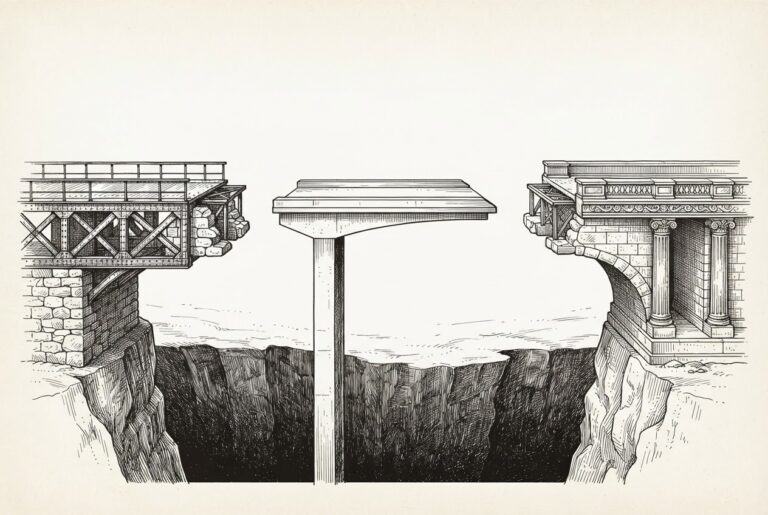 A pen-and-ink engraving of three incomplete bridges stretching toward each other across a deep chasm, each structurally distinct - industrial, modern, and classical - representing different infrastructure approaches, with visible gaps between them where no connection exists.