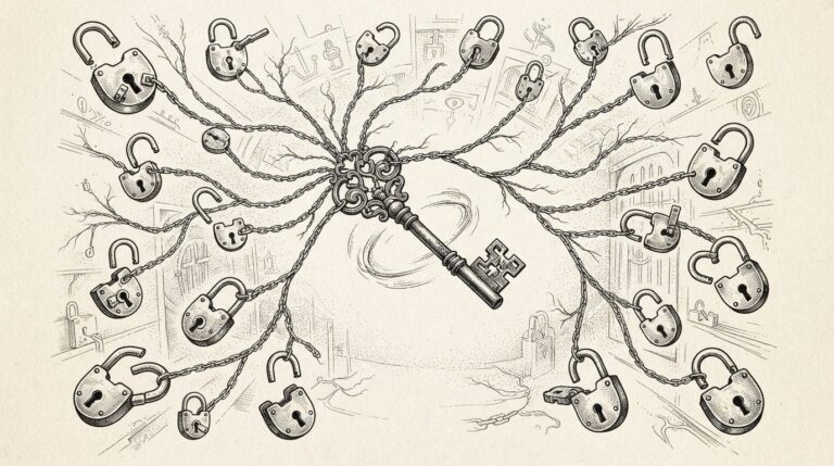 An ornate engraved key connected by branching chains to dozens of padlocks opening simultaneously, symbolizing a vendor credential weaponized across multiple customer tenants.