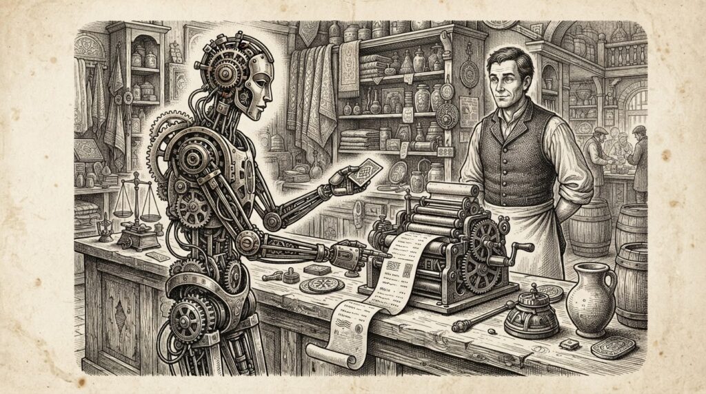 A pen-and-ink engraving of a merchant's checkout counter with an autonomous mechanical figure completing a purchase while a human merchant watches from behind - the 'welcome' posture in agentic commerce made technical