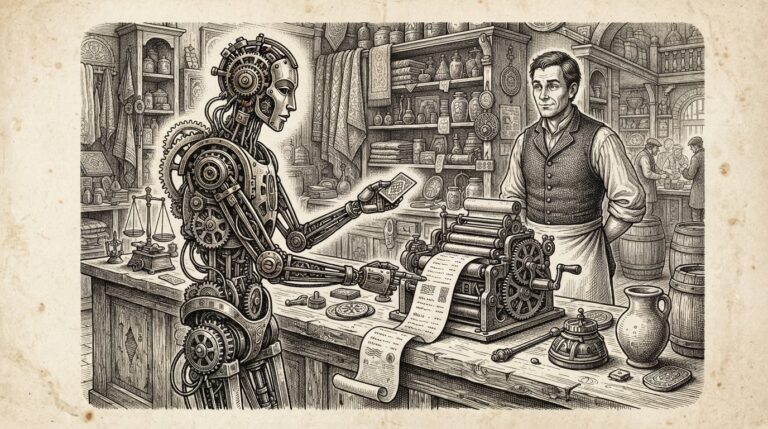 A pen-and-ink engraving of a merchant's checkout counter with an autonomous mechanical figure completing a purchase while a human merchant watches from behind - the 'welcome' posture in agentic commerce made technical