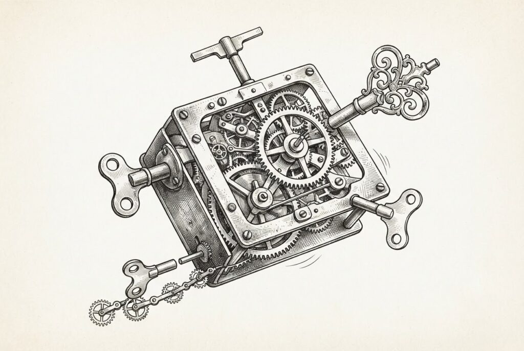 A hand-drawn pen-and-ink engraving of a clockwork mechanism with five distinct winding keys - ornate, simple, built-in, precision, and chain-connected - all converging on the same central gear, representing five AI platforms competing for the consumer's daily workflow.