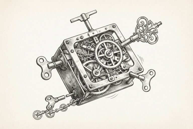 A hand-drawn pen-and-ink engraving of a clockwork mechanism with five distinct winding keys - ornate, simple, built-in, precision, and chain-connected - all converging on the same central gear, representing five AI platforms competing for the consumer's daily workflow.